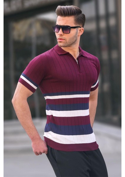 Çizgili Triko Mürdüm Polo Yaka Tişört 6356