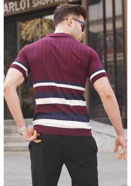 Çizgili Triko Mürdüm Polo Yaka Tişört 6356