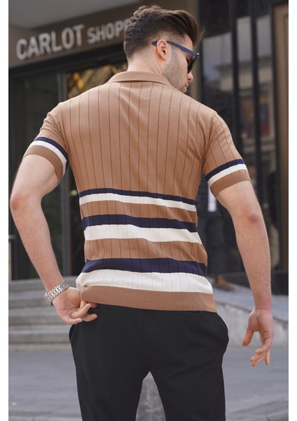 Çizgili Triko Hardal Polo Yaka Tişört 6356