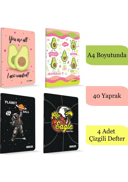 A4 40 Yaprak Karton Kapak Dikişli Defter Çizgili 4 Adet