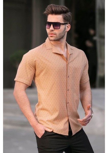 Camel Slim Fit %100 Pamuk Kısa Kol Erkek Gömlek 5585