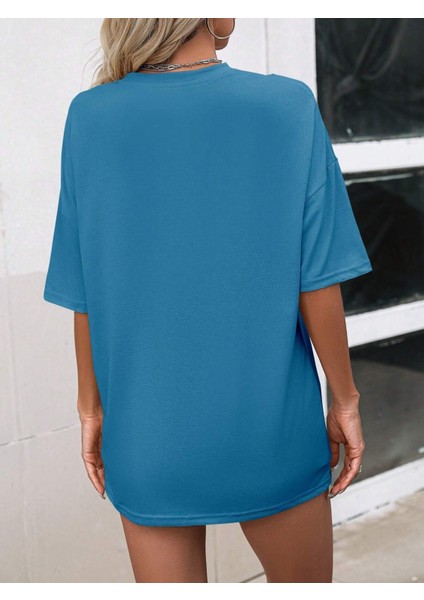 Kadın Indigo Mavi Los Angeles 91 Baskılı Oversize T-Shirt fiyatları