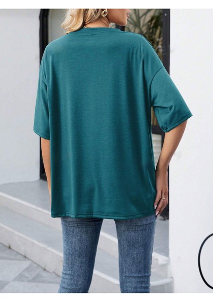 Kadın Petrol Mavi Horse Baskılı Oversize T-Shirt