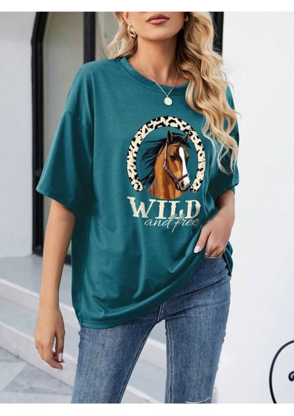 Kadın Petrol Mavi Horse Baskılı Oversize T-Shirt