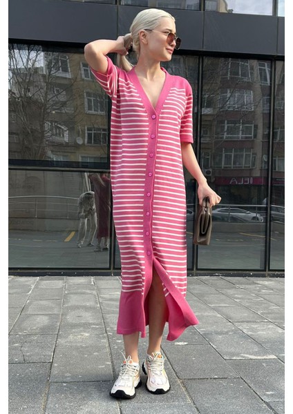 Pembe Düğmeli Triko Kadın Elbise MG1648