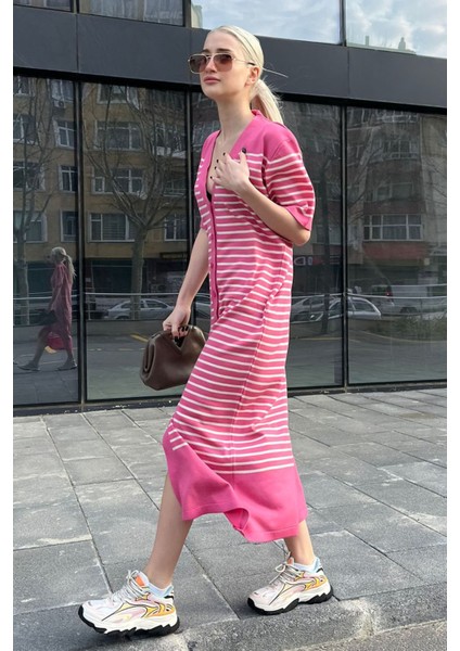 Pembe Düğmeli Triko Kadın Elbise MG1648