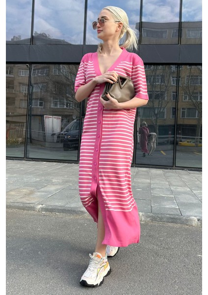 Pembe Düğmeli Triko Kadın Elbise MG1648
