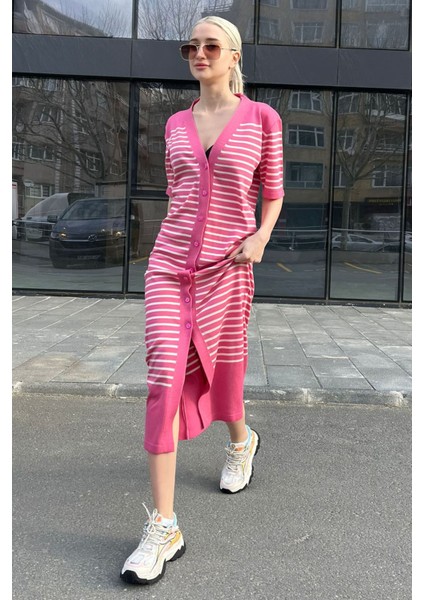 Pembe Düğmeli Triko Kadın Elbise MG1648