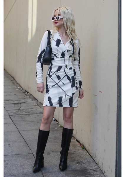 Siyah Kruvaze Yaka Desenli Kadın Elbise MG1804 modelleri