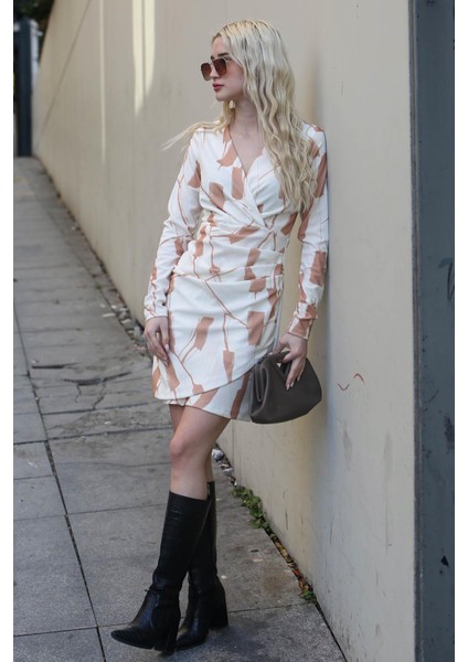 Bej Kruvaze Yaka Desenli Kadın Elbise MG1804