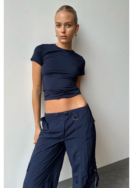 Kadın Lacivert Kısa Kol Tişört %100 Polyester Bisiklet Yaka Günlük Kullanım için