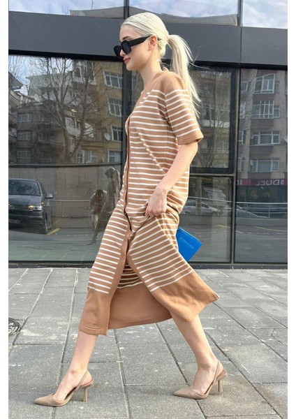 Camel Düğmeli Triko Kadın Elbise MG1648