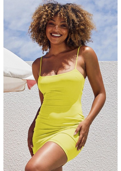 Sarı Askılı Mini Basic Kadın Elbise MG1711
