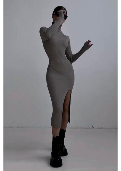 Vizon Balıkçı Yaka Yırtmaçlı Kadın Elbise MG1735