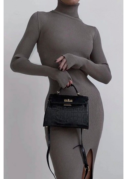 Vizon Balıkçı Yaka Yırtmaçlı Kadın Elbise MG1735 modelleri