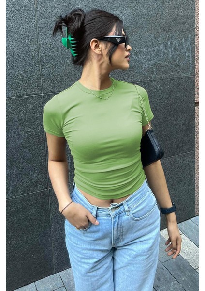 Kadın Basic Tişört Polyester Bisiklet Yaka Kısa Kol Yeşil