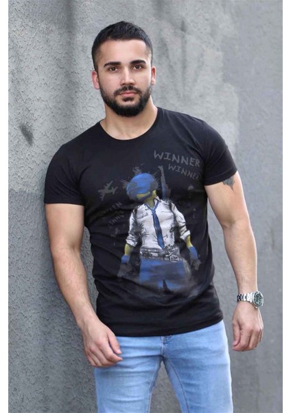Baskılı Siyah Tişört 4028