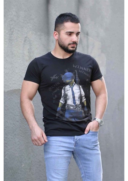 Baskılı Siyah Tişört 4028