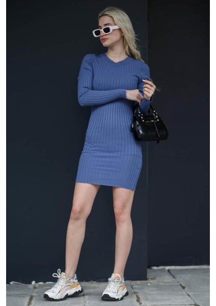 Mavi Bodycon Fitilli Mini Elbise MG1710