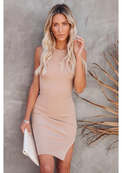 Bej Sıfır Kol Mini Basic Elbise MG1727 fırsatları