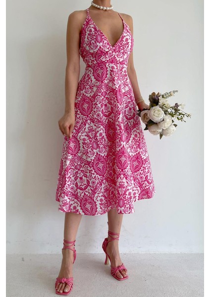 Pembe Desenli Dekolteli Midi Boy Elbise MG1537