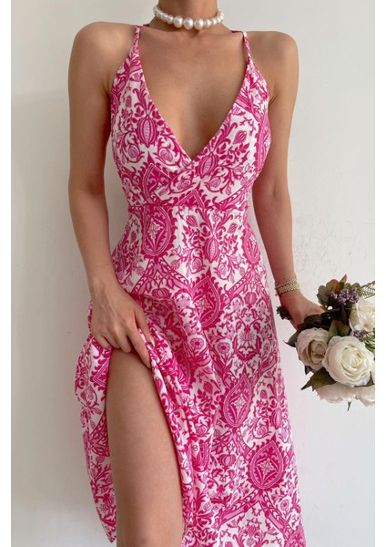 Pembe Desenli Dekolteli Midi Boy Elbise MG1537