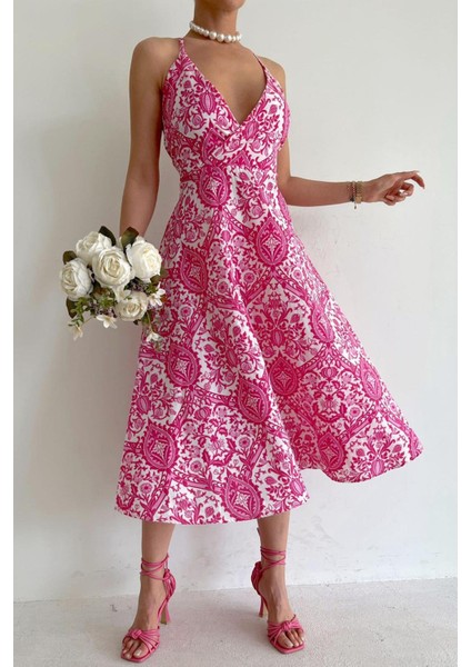 Pembe Desenli Dekolteli Midi Boy Elbise MG1537