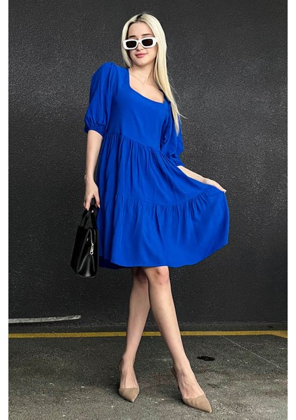 Saks Sırt Dekolteli Basic Kısa Elbise