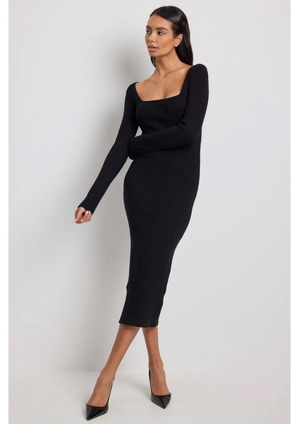 Siyah Kare Yaka Triko Uzun Elbise MG1719