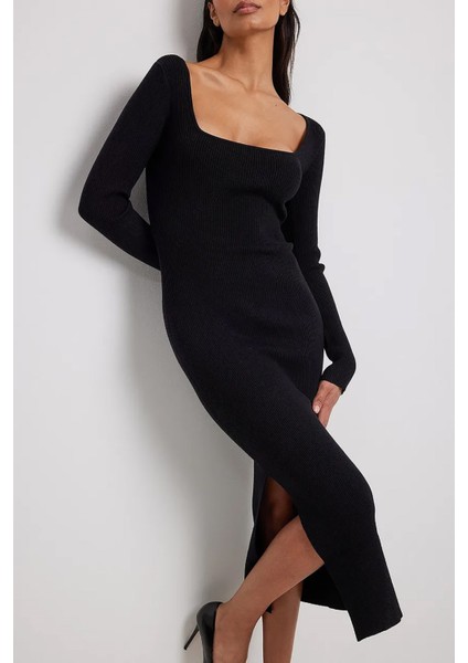 Siyah Kare Yaka Triko Uzun Elbise MG1719 fiyatları