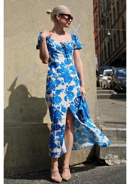 Mavi Desenli Yırtmaçlı Uzun Elbise MG1864