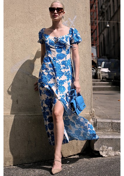 Mavi Desenli Yırtmaçlı Uzun Elbise MG1864 fiyatları