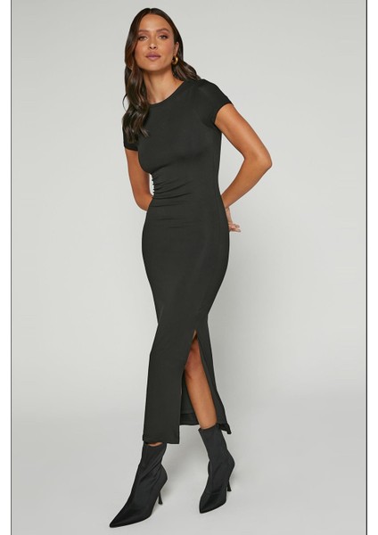 Siyah Basic Yarım Balıkçı Yırtmaçlı Uzun Elbise MG1989 modelleri