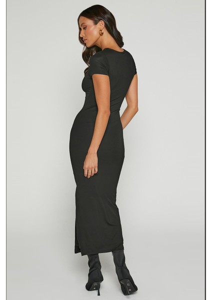 Siyah Basic Yarım Balıkçı Yırtmaçlı Uzun Elbise MG1989 fırsatları