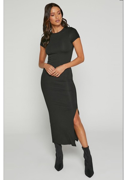 Siyah Basic Yarım Balıkçı Yırtmaçlı Uzun Elbise MG1989 indirimleri