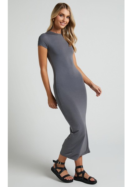 Füme Basic Yarım Balıkçı Yırtmaçlı Uzun Elbise MG1989 fırsatları