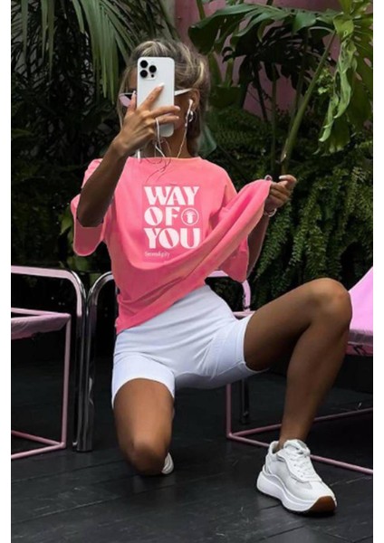 Pembe Baskılı Bisiklet Yaka Overfit Tişört MG1999