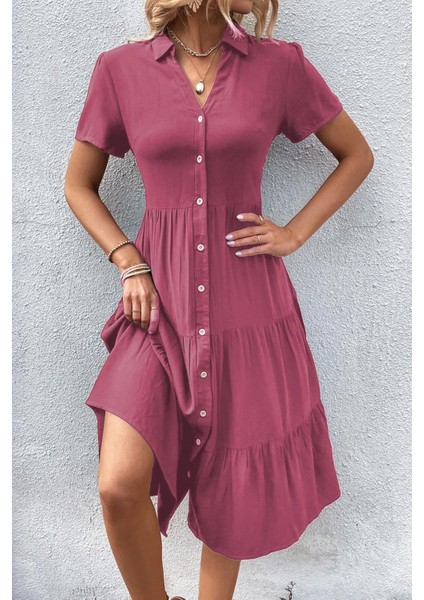 Bordo Gömlek Yaka Uzun Elbise MG1853