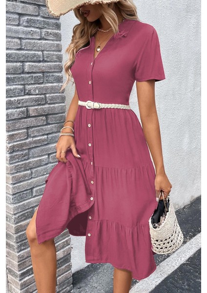 Bordo Gömlek Yaka Uzun Elbise MG1853
