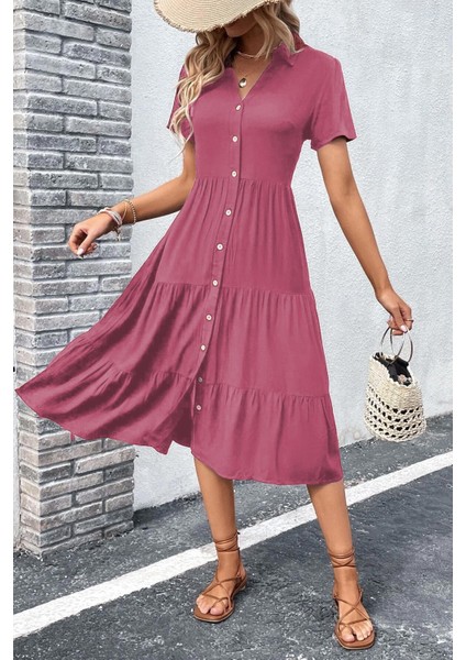 Bordo Gömlek Yaka Uzun Elbise MG1853