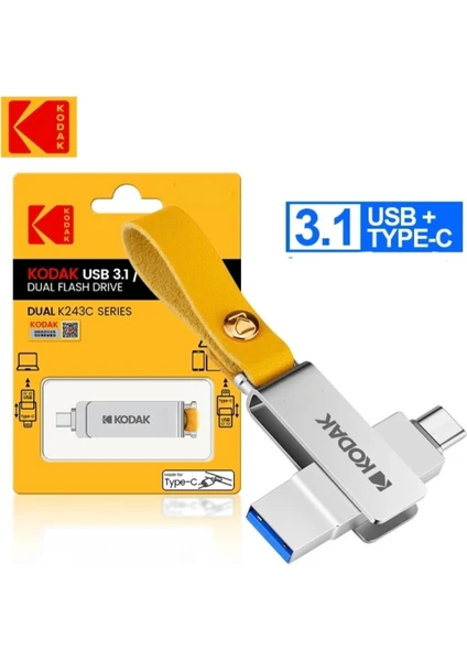 K243C 128Gb.Type-C ve Usb 3.1 Flash Bellek Type-C girişli Tüm telefonlara Ve İphone 15 Serisi Uygun Otg Çift Giriş Metal Sağlam Orjinal