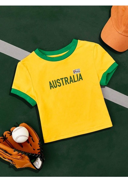Kadın Sarı Australia Baskılı Penye Crop Tişört