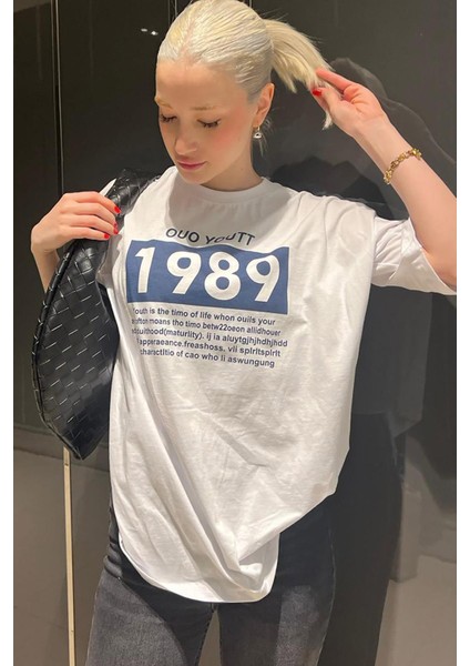 Beyaz Baskılı Oversize Tişört MG1977