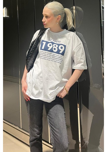 Beyaz Baskılı Oversize Tişört MG1977