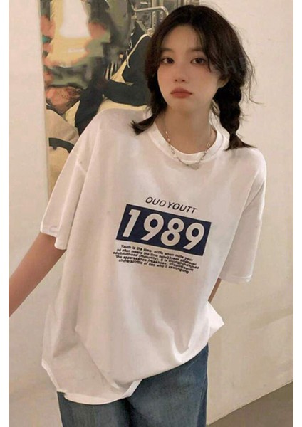 Beyaz Baskılı Oversize Tişört MG1977