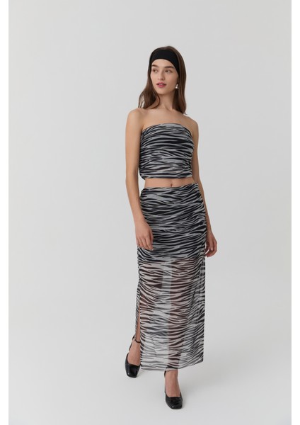 Drape Detaylı Tül Midi Etek Siyah