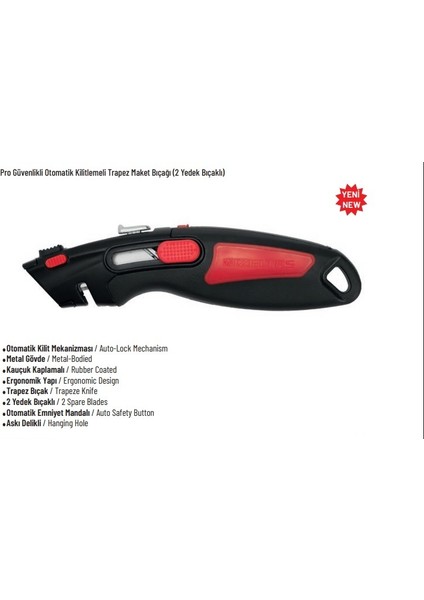 Izeltaş Pro Güvenlikli Otomatik Kilitlemeli Trapez Maket Bıçağı (2 Yedek Bıçaklı )