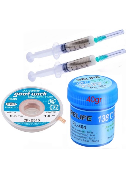 Relıfe RL-404 Krem Lehim Paste 138°C 40G ve Flux Lehim Toplama ve Cp 2515 Emme Teli Seti