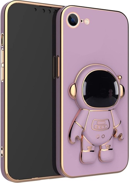 iPhone Se 2022 Kılıf Kamera Korumalı Astronot Desenli Standlı Silikon Mor