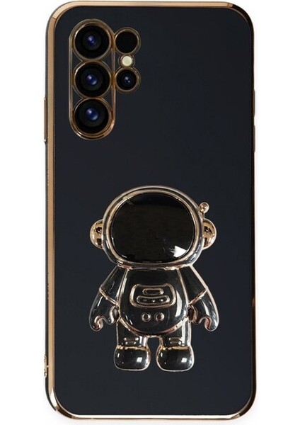 Samsung Galaxy S23 Ultra Kılıf Kamera Korumalı Astronot Desenli Standlı Silikon Siyah